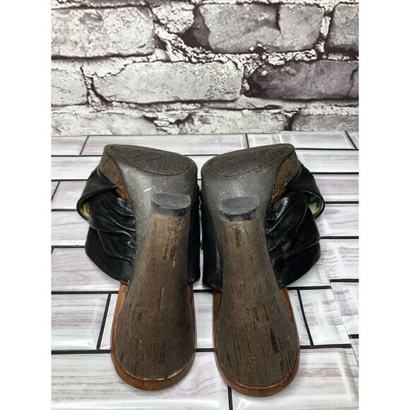 Naya Black Leather Cross Strap Casual Wooden Heel Sandals Women’s Sz 7M US/38EU - Picture 10 of 16